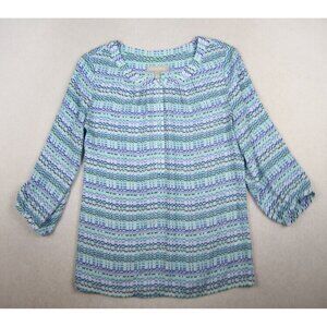 BANANA REPUBLIC - WOMEN'S BLUE & GREEN PRINT 3/4 SLEEVE SILKY TEXTURED TOP - S